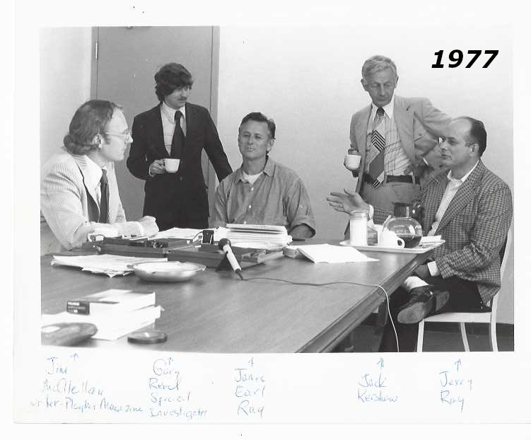 photo of Jim McClellan, James Earl Ray, Gary Revel, Jack Kershaw and Jerry Ray at Brushy Mountain Prison, Petros Tennessee 1977