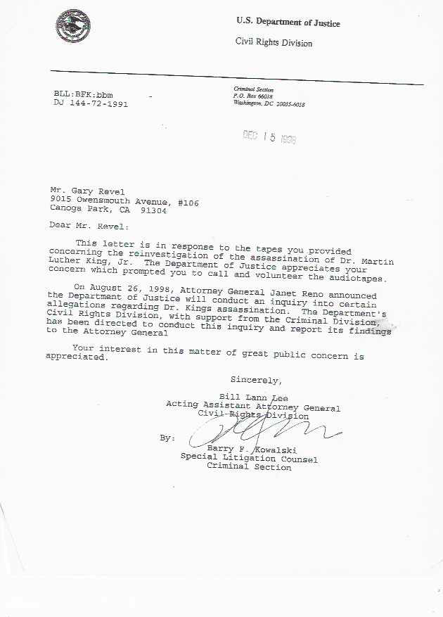 letter from Barry Kowalski to Gary Revel