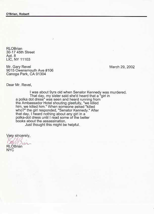 letter from Robert O'Brian to Gary Revel RFK